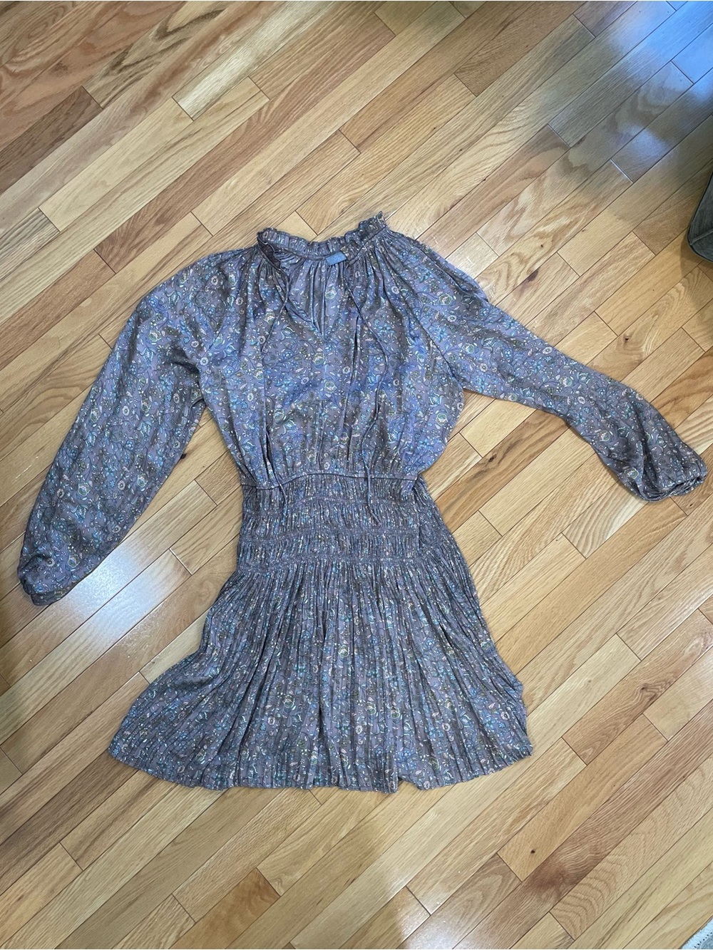 Brown Floral Long-Sleeve Smocked Mini Dress